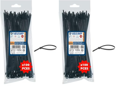 Velamp MG203 100x Attache, Colliers de Serrage en Nylon 6.6, Serre Cables, 200 mm x 2,5 mm, Résistants aux UV et à la Chaleur, Noir, 2,5 x 200 (Lot de 2)