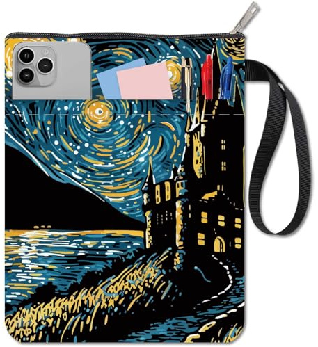 CRASPIRE Custodia per Libri Custodia per Libri con Castello Magico per Libri Tascabili in Tessuto Lavabile Cielo Stellato Protezione per Libri con Cerniera e Tasca Extra per Custodia Borsa