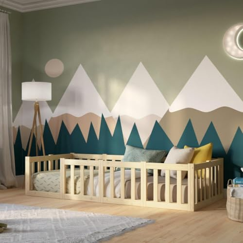 Crazy Pine Kinderbett 140x180 cm – Montessori Bodenbett mit Rausfallschutz 40cm - Natürlichem Holz mit Glatter Oberfläche - Perfekt für Jungen und Mädchen Crazy Johnny