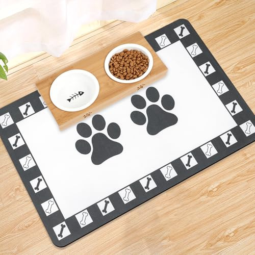 Mavicen Napfunterlage Hunde und Katze, Saugfähige Schnelltrocknend Hundenapf Unterlage, rutschfeste Futternapf Unterlage für Haustier (Weiß-Pfoten-Muster, 40×60cm)