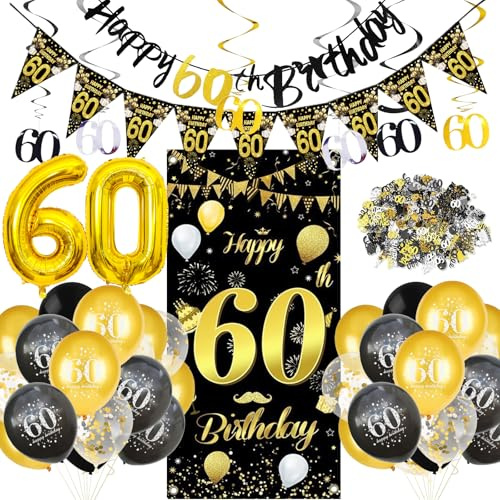 ParPix Deko 60. Geburtstag Mann Frau,Konfetti Banner Girlande Luftballon 60 Geburtstag Deko Set,Geburtstagsdeko 60 Jahre Männer Frauen Schwarz Gold,Tischdeko 60 Geburtstage Mann Frau,60er Folienballon