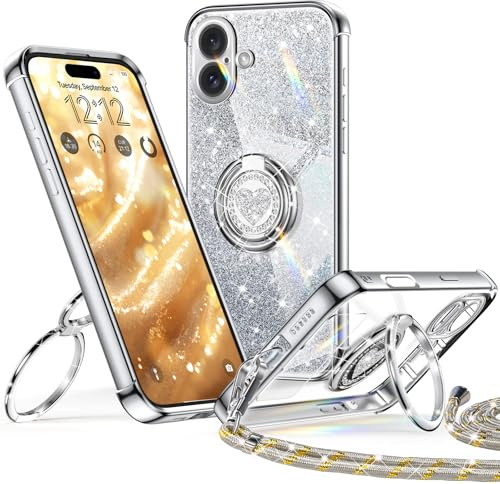 XYZ für iPhone 16 Hülle mit Band, Herzen Doppelring Ständer | Luxus Glitzer HandyHülle Kameraschutz, Frauen Stoßfest Elektroplattiert Case Soft TPU SchutzHülle Clear, Silber
