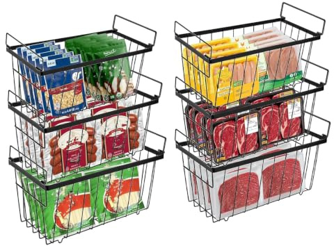 Zjyufy Gefrierschrank Organizer 6er Set, Stapelbar Gefrierkörbe mit Griffen | Anti-Rutsch Boden & Schnellgefrieren für für Gefrierschrank oder Kühlschrank, Gefrorene Zutaten organisieren