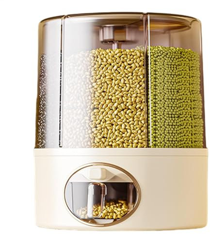Rotating Travel Bucket - 6 Grid Rotating Food Dispenser, Kitchen Storage Bucket, Kitchen Storage Container with One Click Outlet, Ideal for Rice, Cereals and Grains, Space-Saving Design for Home Use