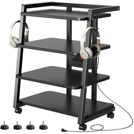 CABTE Mobile AV Media Stand with Outlets and 4 Rolling Caster Wheels, 4-Tier Rolling TV Stand for Gaming Console, Stereo, DVD Player, Sturdy Metal Frame, Versatile Living Room,Bedroom (Black)