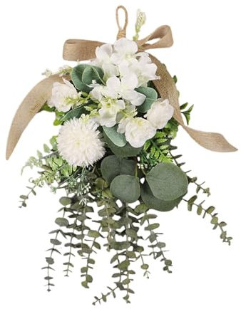 perfeclan Ghirlanda floreale artificiale con crisantemo ed eucalipto, ideale per decorare la porta d'ingresso, per pareti, finestre, cortili, appartamenti e, Bianco