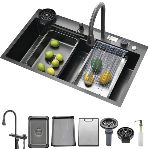 Spülbecken Luxus Wasserfall Schwarze Spüle Modern Multifunktionale Edelstahlspüle Mit integriertem Wasserhahn, Tassenspüler, Seifenspender, Abtropfkorb (76 * 46cm)