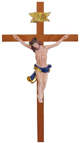 Kaltner Präsente Geschenkidee – Holzkreuz Wandkreuz Kruzifix aus Echtholz Buche Kreuz Eiche mit Jesus Christus Figur aus Kunststein handbemalt (Höhe 50 cm)
