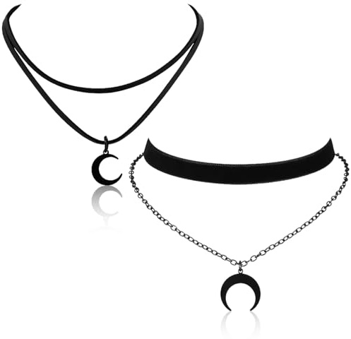 2 Stück Schwarze Doppelketten Mondkette für Damen, Goth Halskette Schwarzes Halsband, Boho Halskette, Y2K Accessoires, Vintage Schmuck, Halloween Grunge Halsband, Mittelalter Design, Witchy Look