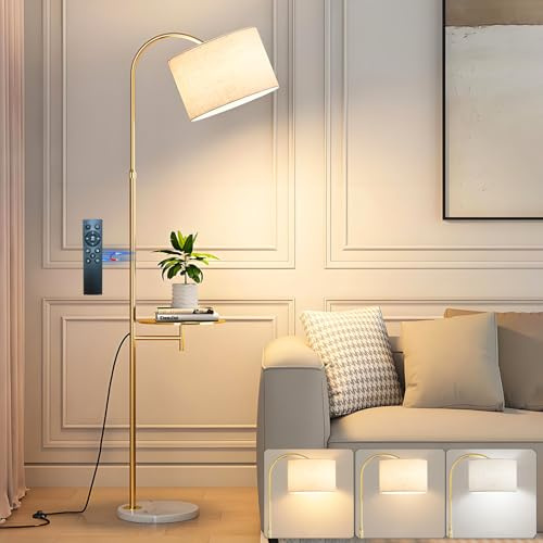 Stehlampe Wohnzimmer Bogenlampe mit Leinenschirm & Fußschalter, Fernbedienung/App, E27 Dimmbare Stehleuchte mit Ablage Höhenverstellbar Moderne Leselampe für Schlafzimmer Büro (inkl. Glühbirne)