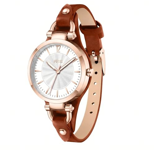 BUREI Damenuhren – Armbanduhr Damen mit Handgemachtem Echtleder & Schmalem Band – Damenuhr Lederarmband für Arbeit & Freizeit