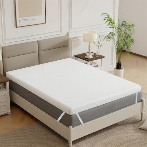 Panana Memory Foam Mattress Topper,Double Bed 5cm Thick Mattress Topper with Removable Washable Zipped Cover,Orthopedic Mattress Pad for Back Pain (White, Double-5cm)