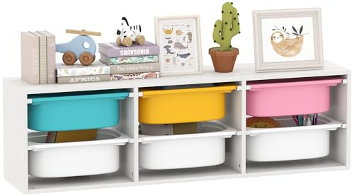 AIYAPLAY Kids Toy Storage Unit with 6 Removable Plastic Bins Low Height | 2 Tiers Toys Shelf, Storage Organiser, Sorting Books, for Boys, Girls, Bedroom, Nursery, Playroom