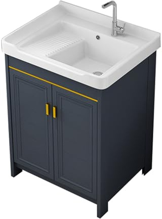 TYMYW Mobile Bagno da Terra con Lavabo con Rubinetto Armadio da Bagno con Piedini con Asse di Lavaggio con Cerniere Ammortizzate,Blu,60 Cm