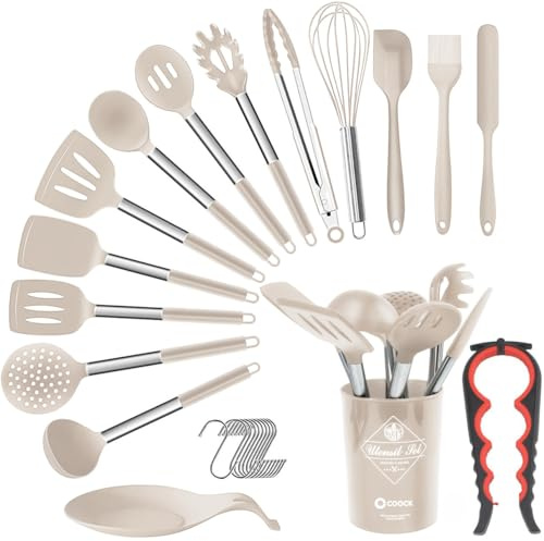 Schneebesen, Pfannenwender, Kartoffelstampfer, Sieb & Teigschaber – COOCK 26-tlg XL Küchenutensilien Set mit Halter – Beige – Hitzebeständiges Silikon Kochbesteck & Salatbesteck – Spülmaschinenfest