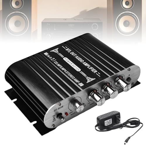 HiFi-förstärkare med Bluetooth, 2.1CH stereoförstärkare, RMS 20 Wx2 40 W ST-838 mini hifi-förstärkare subwoofer utgång klass D, bas och treble regulator för hemmet, bilhögtalare