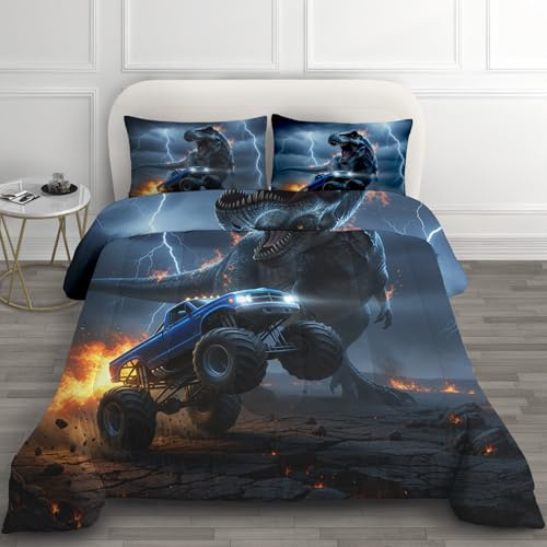 GEDAEUBA Bettdecke 140x200 Monster Truck Kinder - T-Rex Dinosaurier Deko, 4 Jahreszeiten Bettdecken 140 x 200, Steppdecke Ohne Bezug Nutzbar, Warme & Weiche Ganzjahresdecke mit 1 Kissenbezug
