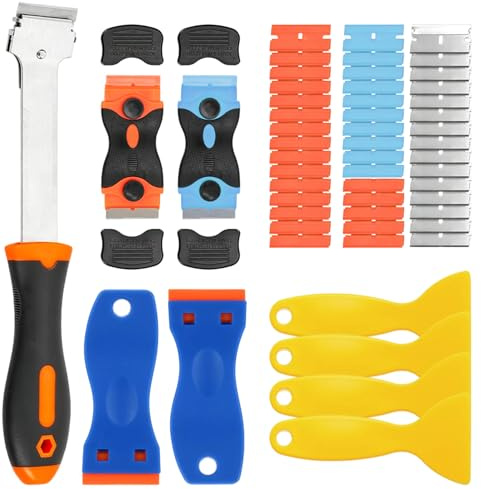 5Pcs Window Scraper Tool,Non Scratch Plastic Glass Scraper with Blades | With Long Handle,Heavy Duty,Wall Paper Silicone Remover Cleaner Tool,For Windows Hob Ovens Cooktops Stickers