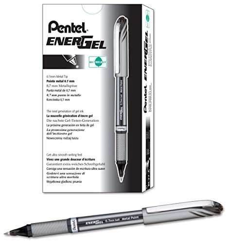 Pentel EnerGel NV Liquid Gel Pen, (0.7mm), Medium Line, Capped, Metal Tip, Black Ink, Box of 12 (BL27-A)