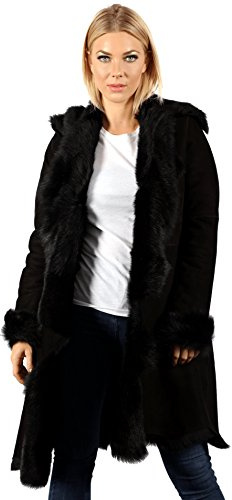 Damen Luxuriöser 3/4 Schwarzer Wildleder Toscana Lammfell Wasserfall Mantel