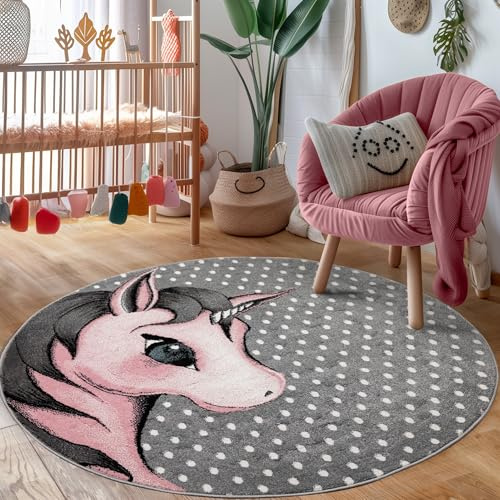 Carpettex Kinderteppich süße Einhorn Design Pink 160 cm Rund - Kurzflor Teppich Kinderzimmer für Mädchen und Jungen Pflegeleicht Weich - Waschbarer Spielteppich Babyteppich Gaming Teppich Babyzimmer