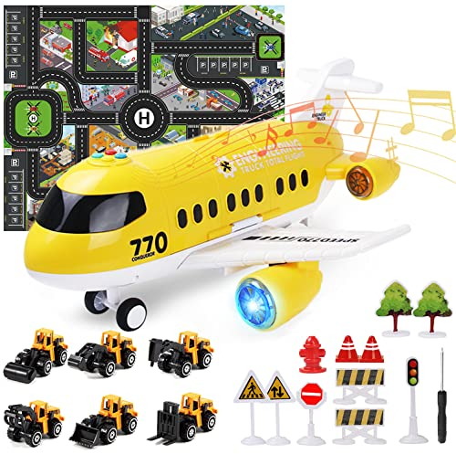 Coolplay Flugzeug mit Auto Baufahrzeuge für Kinder, Transporter Spielzeugautos Geschenk Flugzeug Spielzeug Auto für Ab 3-6 Jahre Junge Kinder