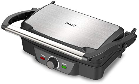 SOGO SS-7127 Electric Grill, Sandwich Maker and Panini Grill, with Stone Non-Stick Coating, Opening 180 Degrees, with Temperature Control, 1600 Watt, Metallic Grey and Black