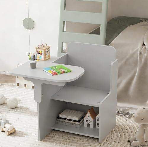 Menaka Kids Desk and Chairs Set Wooden with Storage Bin for Activities Playing Reading Painting, Children Table Stool Furniture Homeschooling Kindergarten for Boy Girls Arts & Crafts (Grey)