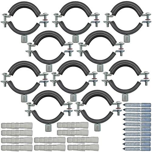 MegaHaustechnik 2-Schrauben-Rohrschellen aus Stahl verzinkt, Set 10 Stück mit Stockschrauben und Dübel, Spannbereich 31 bis 36mm Rohr-Außendurchmesser 1 Zoll, mit Schallschutz, mit M8 Gewinde-Mutter