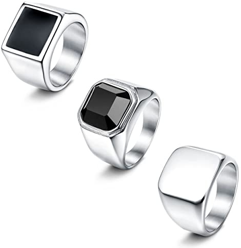 JeweBella 3 Stück Siegelring Edelstahl Ringe Herren Männer Silber Breitband Biker Vintage Ringe Schwarz Siegelring Einfacher Quadratischer Achat Solide Poliert Hip Hop Rock Band Ringe Set Größe 54-70