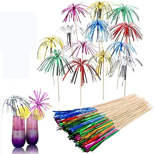 Nothers 100 Pack Fireworks Cocktail Sticks,Feuerwerk Sticks,100 Stück Cocktail Picks Feuerwerk Sticks,Cocktail Dekoration,Palme Cocktail Picks für Bar Deko Cocktailzubehör Obstteller