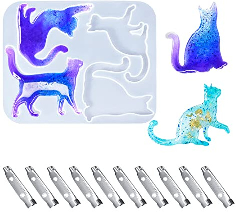 DeryArcle Cat Resin Molds Cute Brooch Silicone Mold Animal Epoxy Mould Jewelry Pendant Casting Moulds with 10pcs Pins Buckle for DIY Earring Keychain Craft Bag Clothes Decor