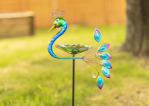 Garden Mile Vogeltränke und Futterstation mit Pfau, 80 cm, aus Glas und Metall, freistehend, dekorative Vogeltränke für Garten, Terrasse und Wildtiere