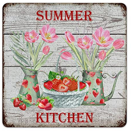 Strawberry Sign Farmhouse Summer Kitchen Decor Vintage Farmers Sign Aluminum Wall Decor Art Metal Sign for Home Kitchen Bathroom Man Cave Cafe Garage Bar Hydrangea Gift 12x12 Inch