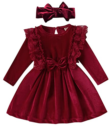 Vestido de bebé para niña de manga larga de encaje línea A princesa de terciopelo + diadema boda festivo otoño invierno ropa, borgoña, 6-9 meses