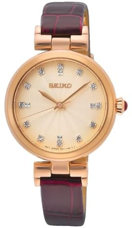 Seiko Damen | roségoldenes Zifferblatt | rotes Lederband SRZ548P1