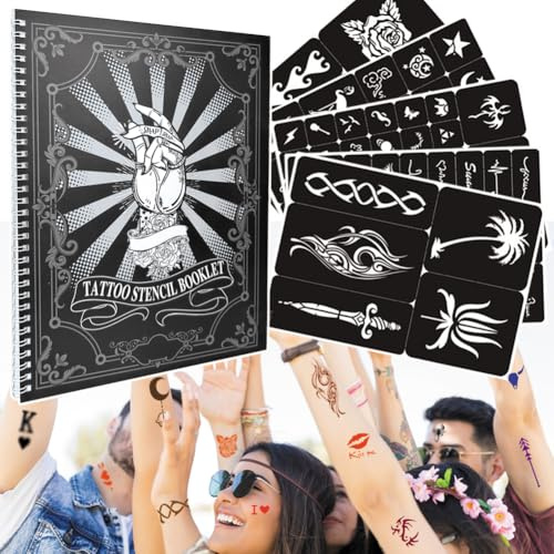 20 Blatt Album Airbrush Tattoos Schablone, Temporäre Tattoo Schablonen | 400+ Stück, Temporäre Tattoos, Glitter Tattoo Schablonen, Männer Frauen Körperkunst
