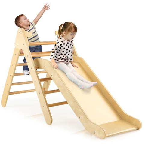 DREAMADE Triangle d'escalade avec Toboggan en Bois 3 en 1 Jouet Montessori pour Grimper & Glisser Convient à Enfants 1+ Ans (Naturel)