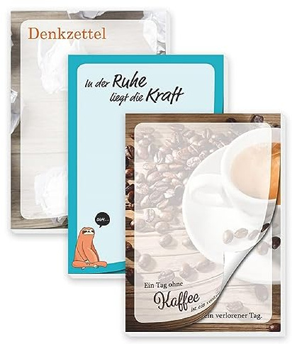 RNKVERLAG - Notizblock DIN A6, 3 Stück, Denkzettel, Ein Tag ohne Kaffee, In der Ruhe, mit Magnet, Notizbücher Set