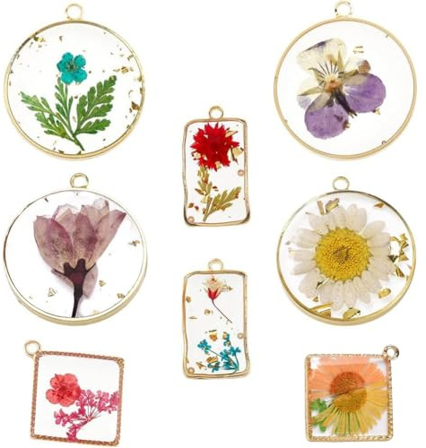 SUNNYCLUE 1 scatola 8 stili Ciondoli di Fiori Pressati In Resina Ciondoli di Fiori SecCHIs Ciondoli di Piante Naturali In Lega Trasparente per Creazione di Gioielli Ciondoli di Collane PortaCHIsavi Ma