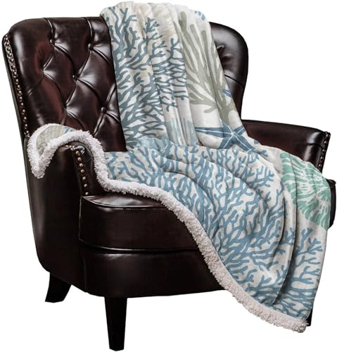 FCMWLKEJI Blaue marineblaue Korallenmuscheln, Seestern-Decken, Winter, warme Kaschmirdecke, Büro, Sofa, weiche Überwurfdecke für Kinder