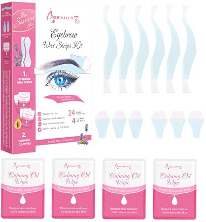 Beauty7 Eyebrow Waxing Strips - Sensitive Skin - 24pcs Cold Wax Strips & 4 Post Wax Calming Oil Wipes Facial Hair Removal