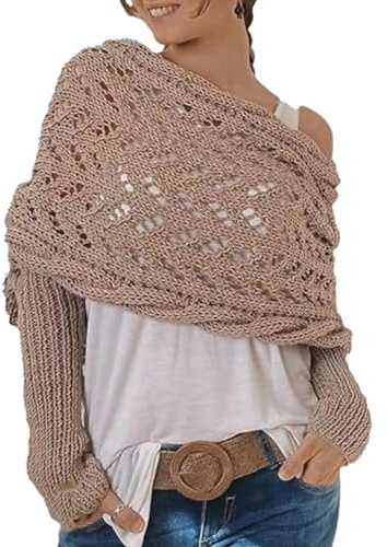 SVCEQZE 260 x 37 cm, gemütlicher Ärmel-Schal, Strickschal mit Ärmeln, Pullover, Schal, multifunktionaler Strickschal, Bohemian-Häkeltuch, Umhang, langärmeliger Schal für Damen, khaki, Refer to