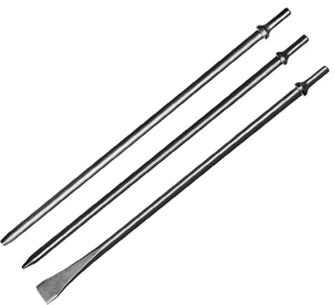 Phyxlyn Ensemble de trois pièces de pointeau conique pneumatique et burin à air froid, pointe de 7/31,3 x 45,7 cm, pointe de 9,5 x 45,7 cm, burin plat de 1,9 cm x 45,7 cm, outil pneumatique à tige de