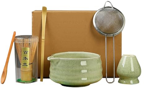 6 Piece Matcha Tea Set,Matcha Besen Set, with Matcha Whisk, Broom,Matcha Schale,Matcha Bowl with Spout,Matcha Besen Halter,Bamboo Spoon,Perfect Matcha Starter Set,Japanisches Tee-Set