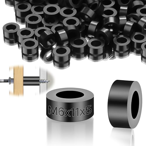 100 unidades de casquillos espaciadores de plástico M6, redondos, arandelas de nailon, arandelas espaciadoras de goma ABS, aislamiento, arandelas separadoras de 11 x 5 mm, color negro, para tornillos