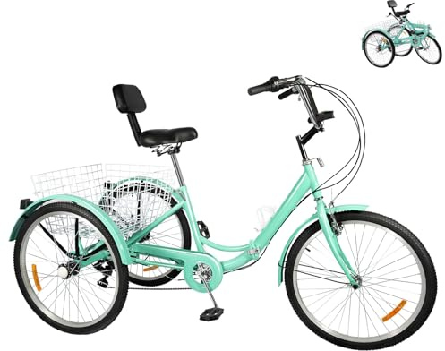 Ealtqund Dreirad für Erwachsene 24-Zoll 7-Gang Faltbares mit Getränkehalter, Frontlicht 3 Rad Fahrrad 210 kg Tragfähigkeit für Einkäufe, Freizeit und Senioren, Lindgrün