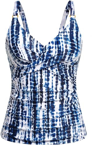 Women Blue Tie Dye Tankini Top Only - Tummy Control Bathing Suit Top V Neck Twist Front Swim Tank No Bottom 2025 XL