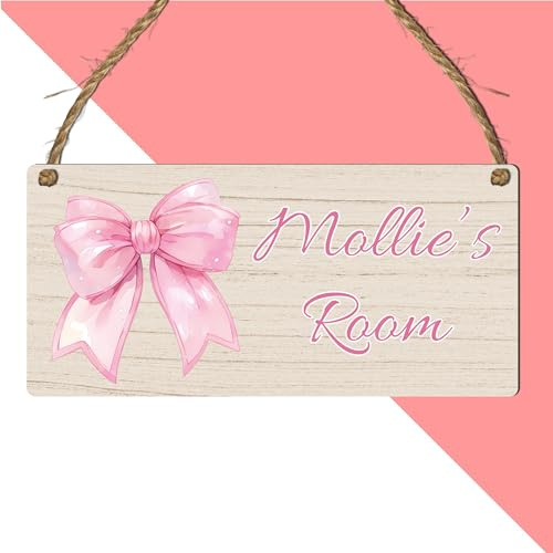 Custom Girls Hanging Room Name Plaque | Personalised Kids Bedroom Sign | Fairies Rainbows Unicorns Princess Mermaid Ballet Bedroom Décor (Bow)