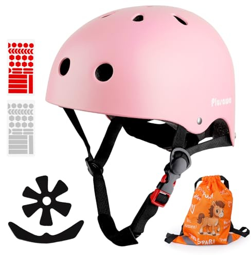 Plusawa Casco da bambino certificato EN1078 CE, casco da bicicletta per bambini, mentoniera regolabile, riflettente, bicicletta, pattini, include adesivi 3D + borsa (rosa, M) (Rosa, XS)